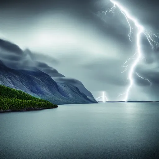 Prompt: a dark thunderstorm over the Norwegian fjords, distant mountains, digital art, bright lightning bolts