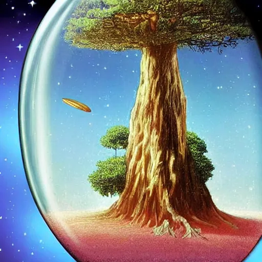 Image similar to a large tree growing from a large floating crystal in space, by moebius