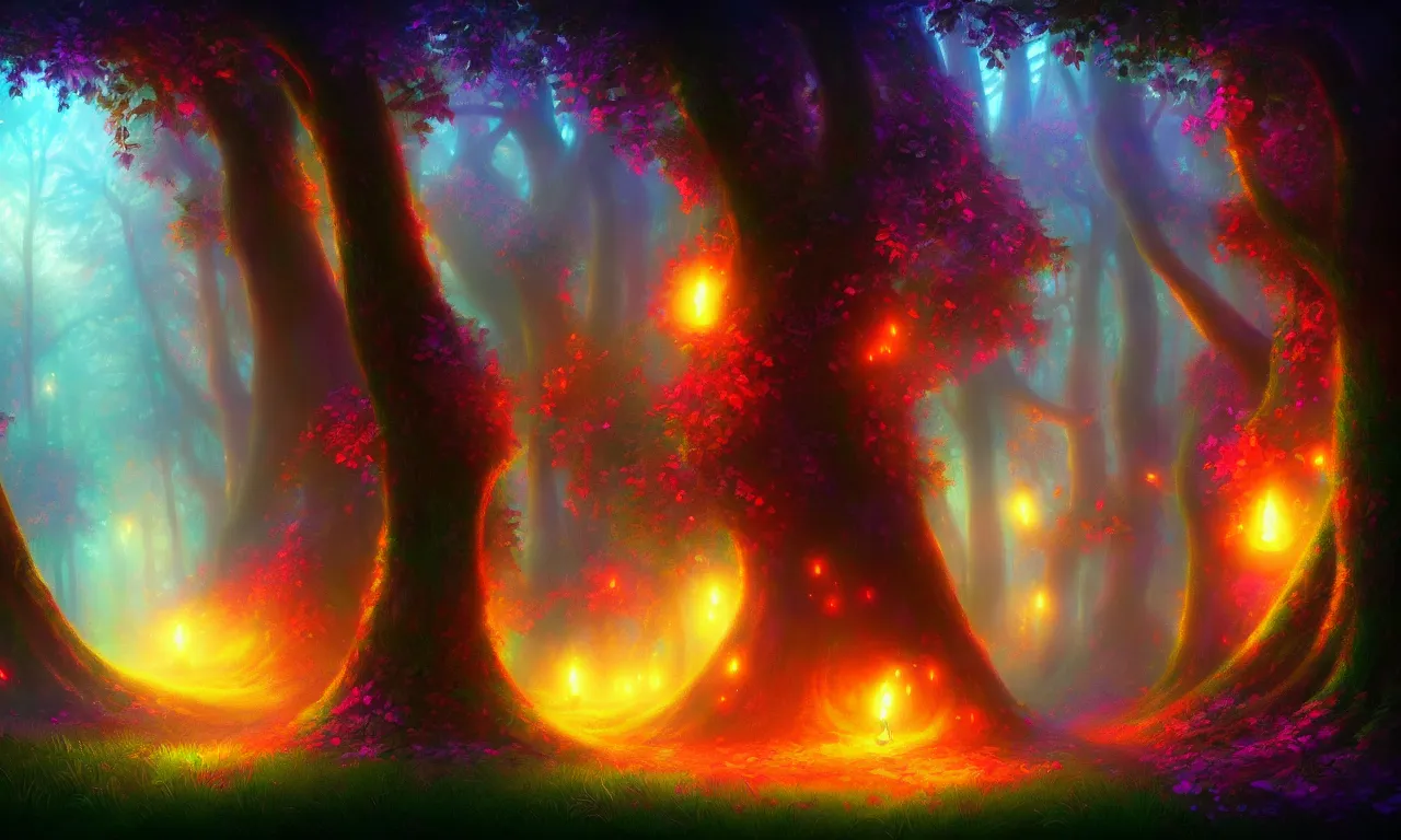 Image similar to enchanted magical forest on magical colorful fire , digital painting , digital art , artstation , devian art , 4k , HD