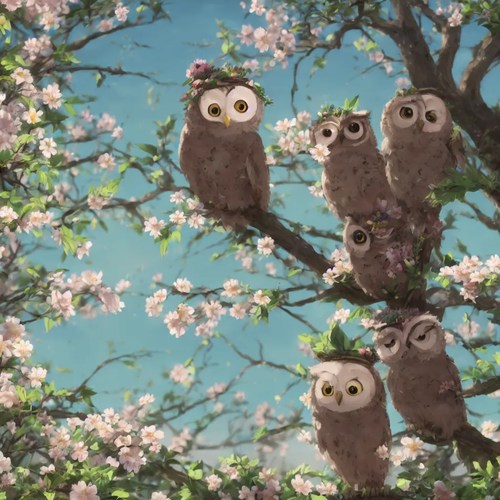 Image similar to film still of happy content cute owls wearing flowers and hats, in a field of delicate dainty blossoms, makoto shinkai, cinematic lighting, volumetric lighting, sunny, highly detailed, hand drawn, intricate, illuminated, 8k