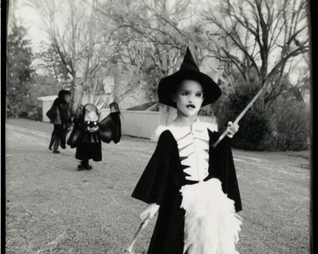 Prompt: natalie portman at age 7 dressed as a witch to go trick or treating, polaroid, cdx