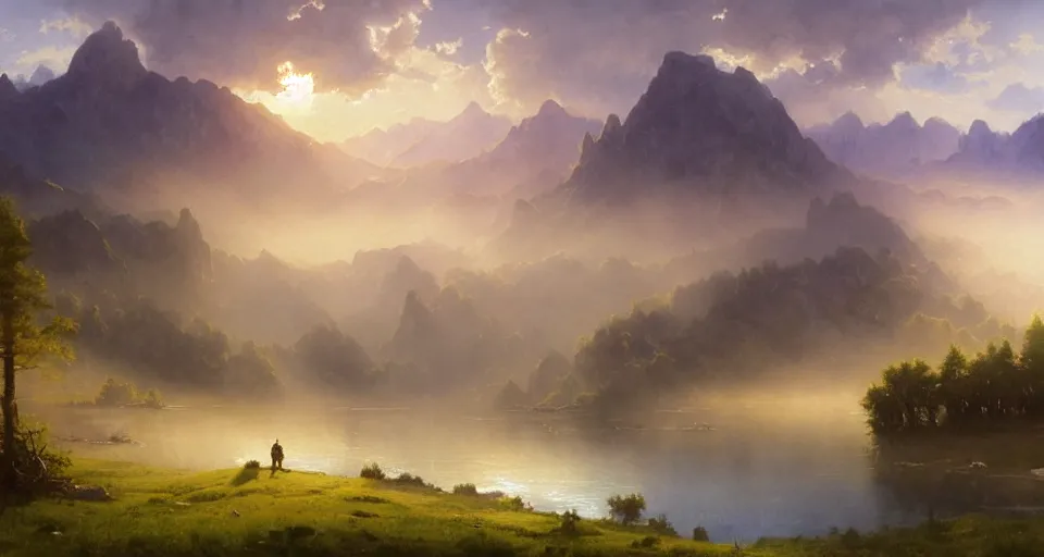 Prompt: beautiful watercolor painting of a landscape, concept art, canvas, first light, golden hour, fog, majestic mountains, lake, lush grass, dramatic clouds, animals, soft light, by noah bradley and albert bierstadt and jakub rozalski