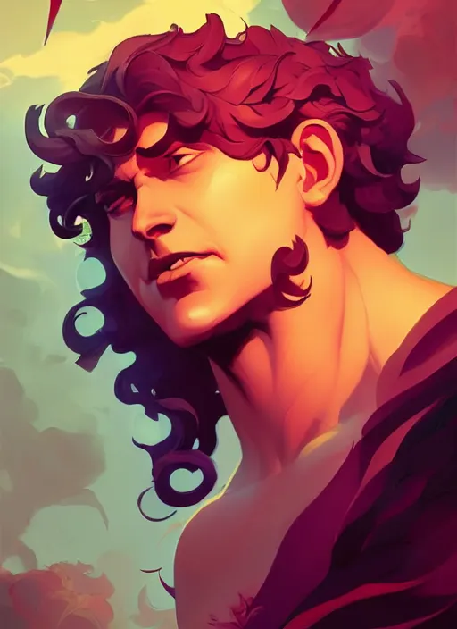 Prompt: The Greek God Dionysus, in the Style of Artgerm and Charlie Bowater and Atey Ghailan and Mike Mignola, vibrant colors and hard shadows and strong rim light, Comic Cover Art, plain background, trending on artstation