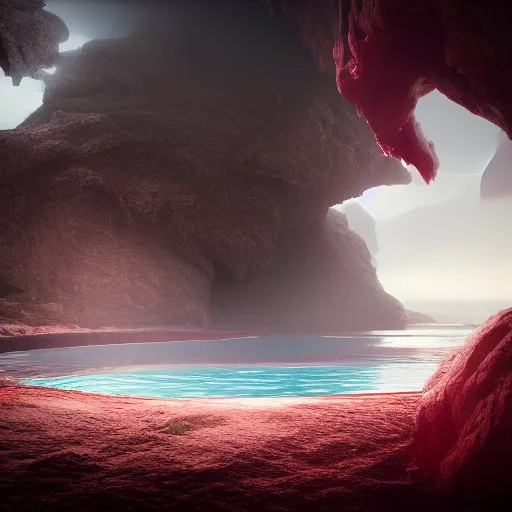 Image similar to landscape of a large Infiniti pool sitting in hell. intricate artwork by artstation. halo. octane render, cinematic, hyper realism, octane render, 8k, bokeh, demonic, dark, devil, demons, mist, red illuminating fog, rocks, hell. scheme.