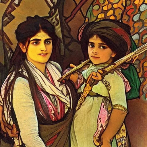 Image similar to Kurdish family Painted By Alphonso Mucha, Highly detailed