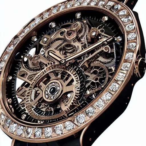 Prompt: vvs diamond alexandrite watch, intricate design, rolex, cogs and gears, steampunk watch, richard mille, promotional photo, 8 k photography