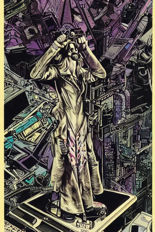 Image similar to Kurt cobain, cyberpunk, retro vintage art, cool, tarot card, 90s, nomad, street style, symmetrical, 2d matte illustration, Stanisław Szukalski + Moebius,