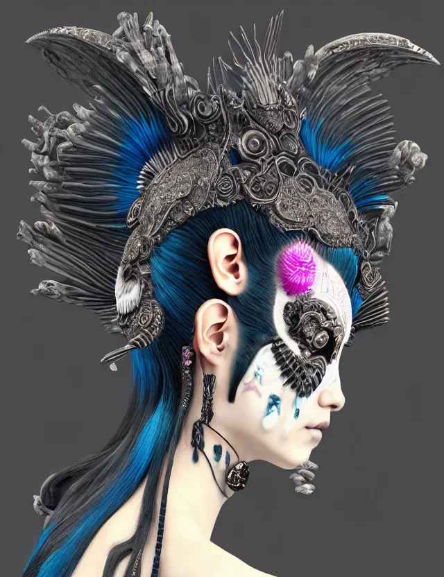 Image similar to 3 d goddess close - up profile portrait punk with mohawk with ram skull. beautiful intricately detailed japanese crow kitsune mask and clasical japanese kimono. betta fish, jellyfish phoenix, bio luminescent, plasma, ice, water, wind, creature, artwork by tooth wu and wlop and beeple and greg rutkowski