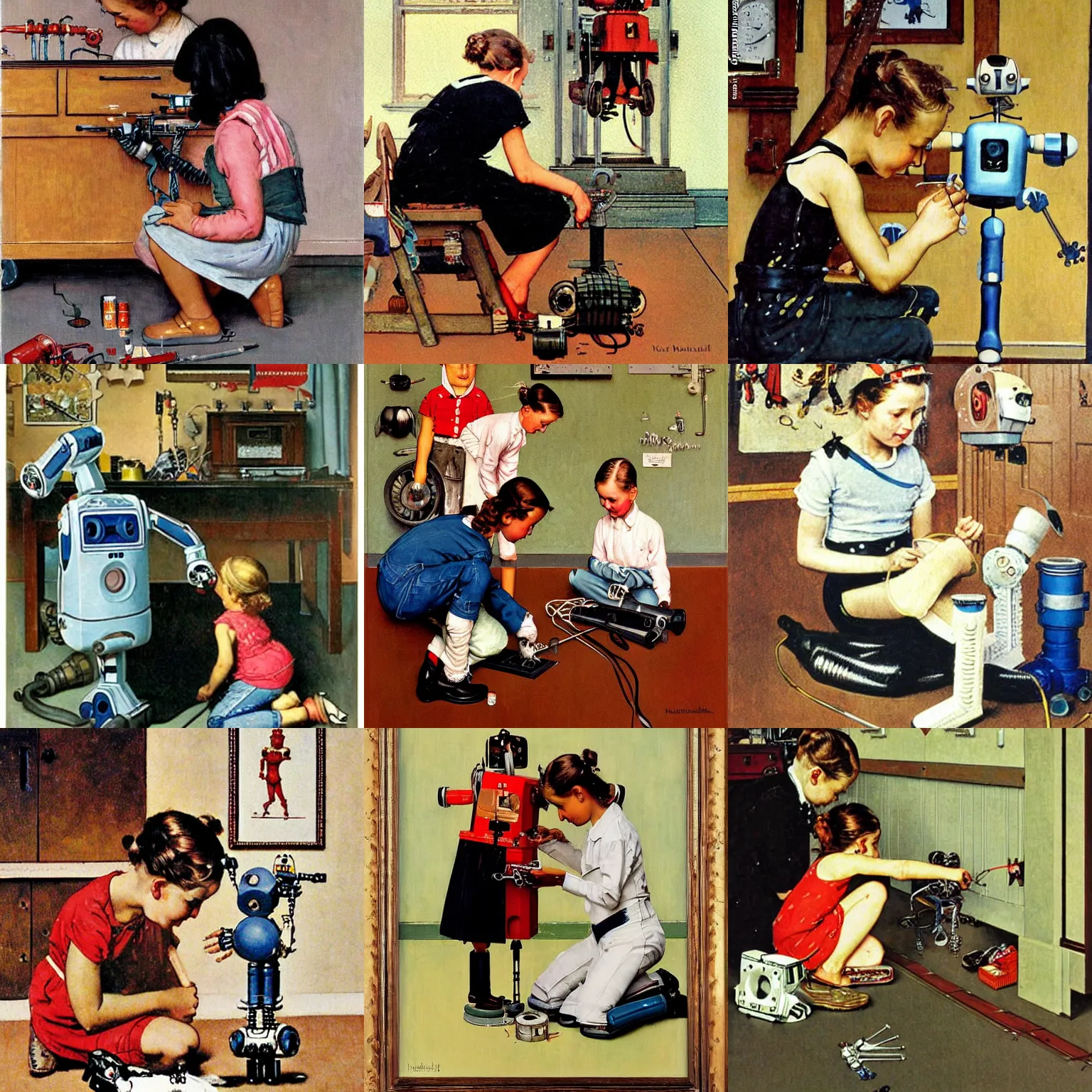 Prompt: a girl fixing her robot, painting by Norman Rockwell