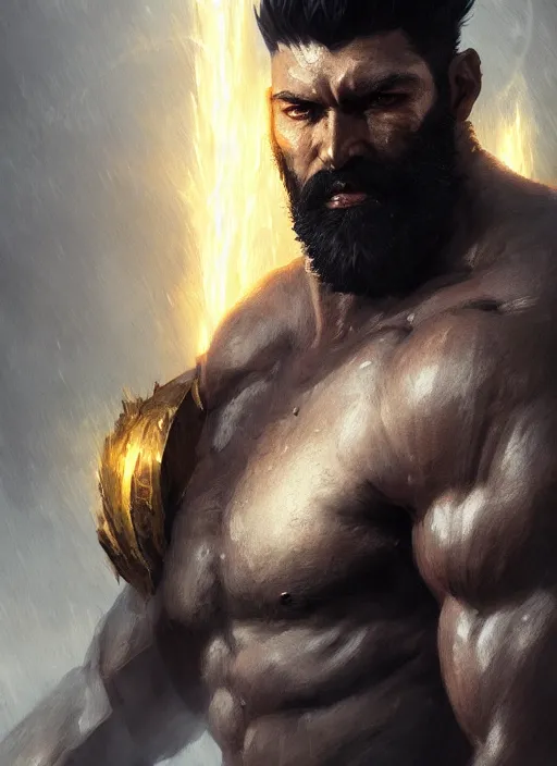 Prompt: Half-body portrait of an old muscular human warrior with dark beard and yellow eyes. In style of Hyung-tae Kim and Greg Rutkowski, concept art, trending on ArtStation, Korean MMORPG, over-detailed art, 8K, epic, dynamic lightning, dramatic pose.