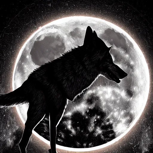 Prompt: a howling wolf made of black smoke contrasting with a full moon, cinematic lighting, 8 k, fantasy