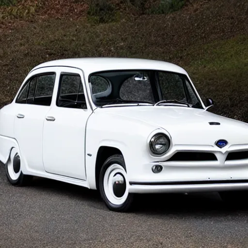 Prompt: Photo of a white 1953 Subaru WRX sedan