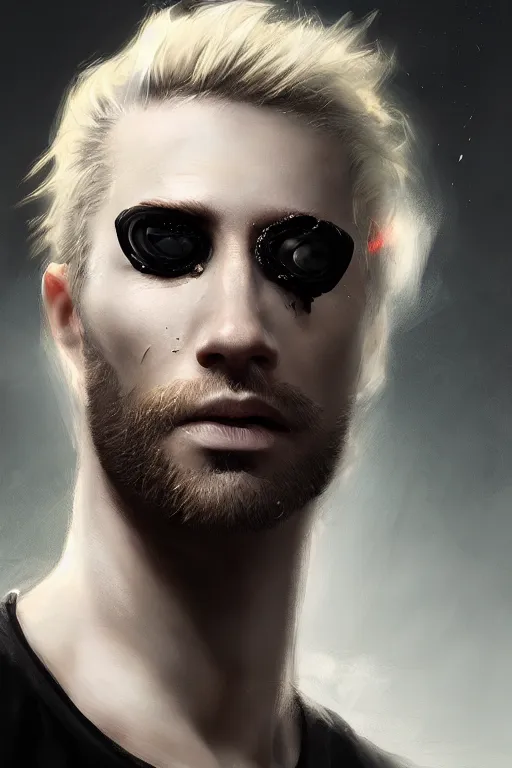 Prompt: blonde wild hair man, black eye - patch, close - up portrait, plain white tshirt, powerfull, intricate, elegant, volumetric lighting, scenery, digital painting, highly detailed, artstation, sharp focus, illustration, concept art, ruan jia, steve mccurry