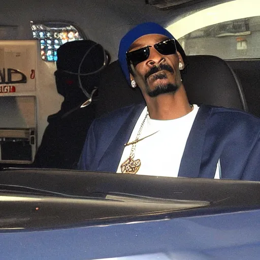 Image similar to Snoop Dogg is sitting in a police car wearing a cap C-11