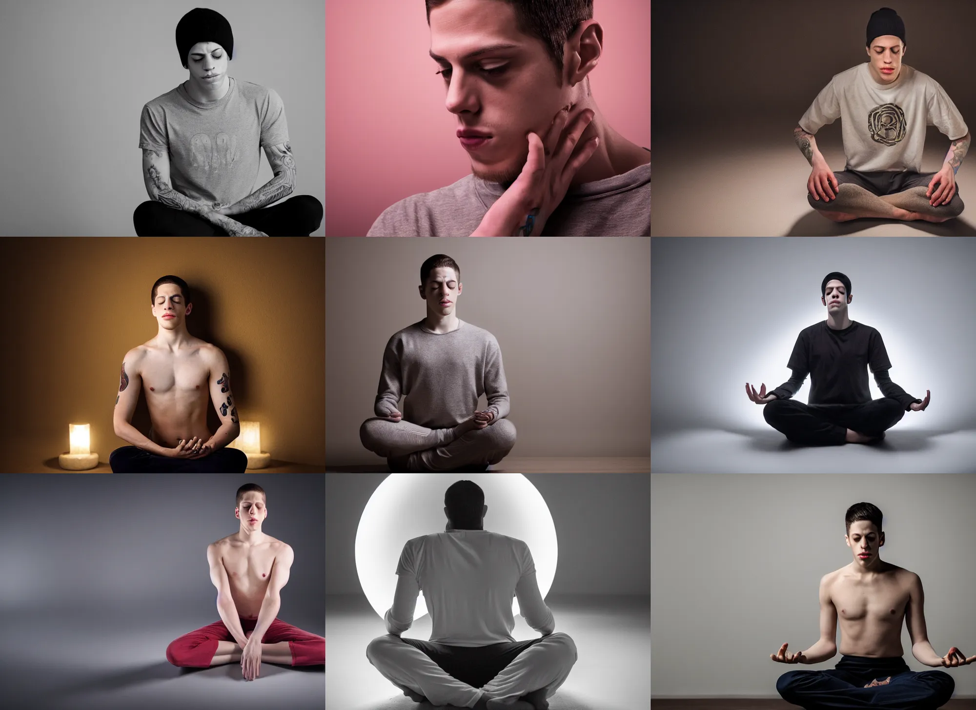 Prompt: photo still of pete davidson meditating, 8 k, studio lighting bright ambient lighting key light, 8 5 mm f 1. 8