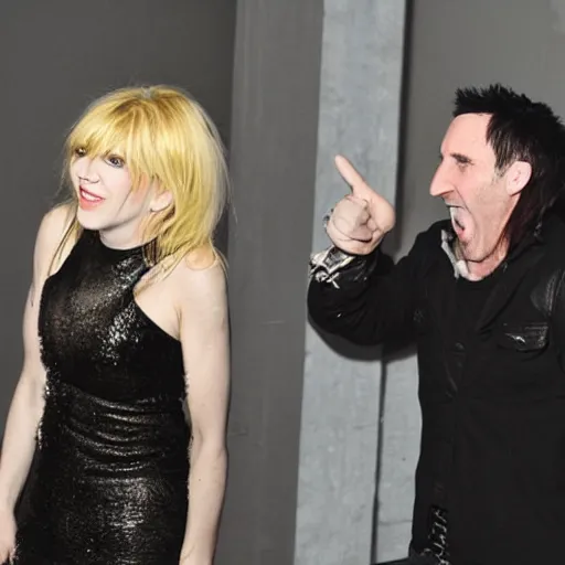 Prompt: Photo of Trent Reznor pointing and laughing at Courtney Love. Hyper realistic, highly detailed, dynamic lighting.