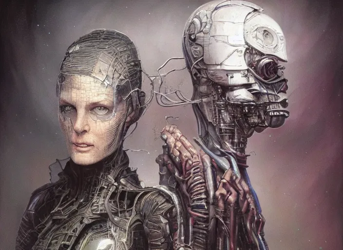 Image similar to highly detailed concept art of neuromancer characters, dystopian post - apocalyptic retrofuturistic vibe, an ultrafine detailed painting by art by hans giger and wayne barlowe, trending on deviantart, pop surrealism, whimsical, lowbrow, perfect symmetrical face, sharp focus, octane, masterpiece