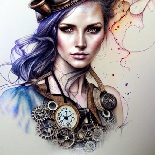 Prompt: hyper realistic full figure pencil drawing of a woman steampunk, water color, detailed, rim light, diffused, intricate, by anna dittmann,