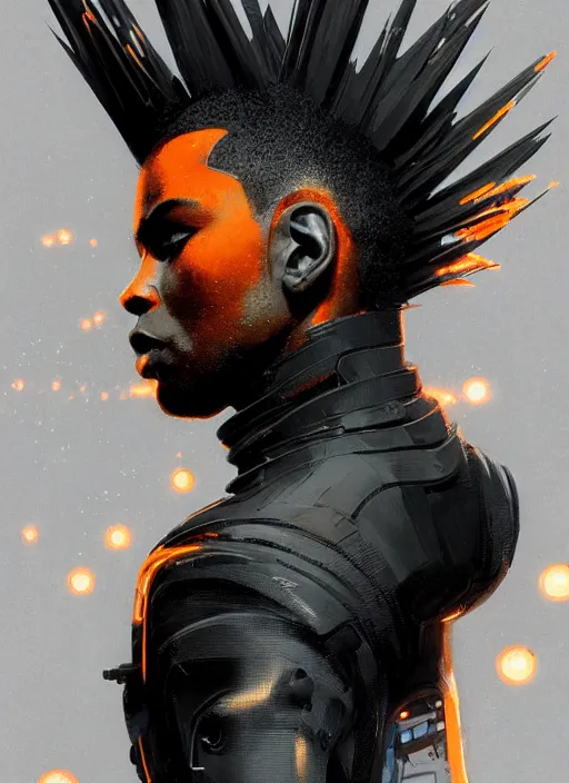 Prompt: full body side profile of a slim black man with a mohawk wearing futuristic techwear, highly detailed clothing, angular jawline, digital painting, artstation, blade runner concept art, smooth, sharp focus, electric orange light, fantasy art by greg rutkowski, loish, rhads, ferdinand knab, makoto shinkai, ilya kuvshinov, rossdraws