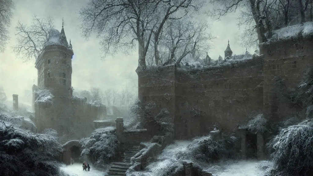 Prompt: the tall castle walls overshadow the secret garden in winter. andreas achenbach, artgerm, mikko lagerstedt, zack snyder, tokujin yoshioka