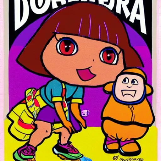 Prompt: dora the explorer as real girl, in lowbrow style, realism painted by Robert Crumb, Victor Moscoso, Steve Clay Wilson