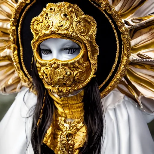 Image similar to full standing figure baroque cultist wearing large occult headpiece, skirt, venice carnival, full face gold Volto mask, mid shot, hyperrealistic