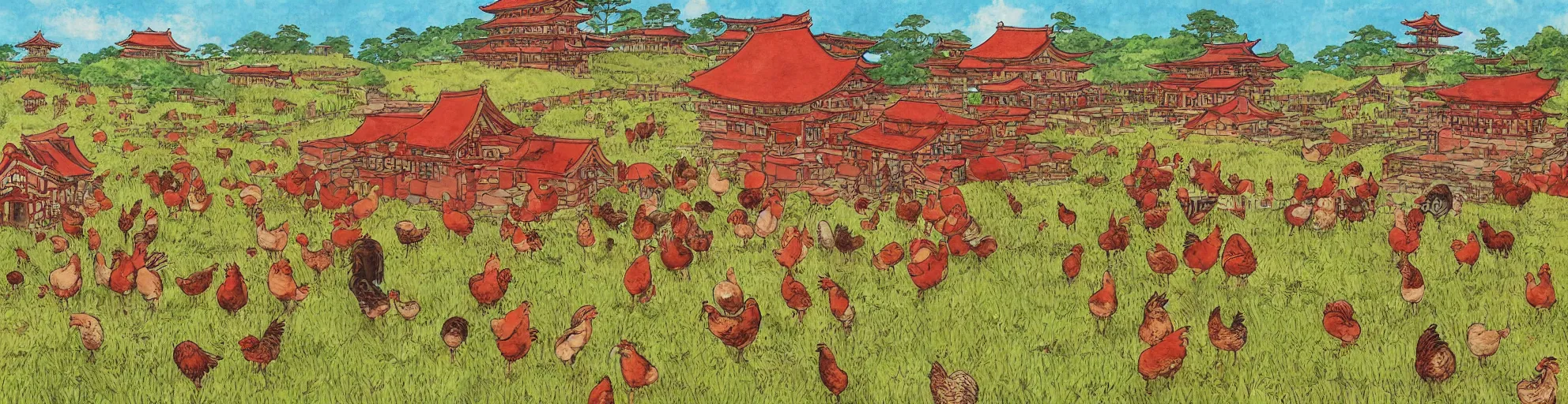 Image similar to big red and brown japanese fort in a meadow with chickens by studio ghibli painting