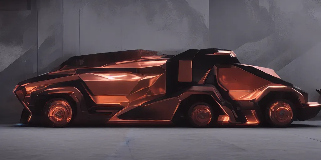 Image similar to a design of a futuristic cybertruck, designed by Polestar, blade runner background, stained antique copper car paint, black windows, dark show room, dramatic lighting, hyper realistic render, depth of field