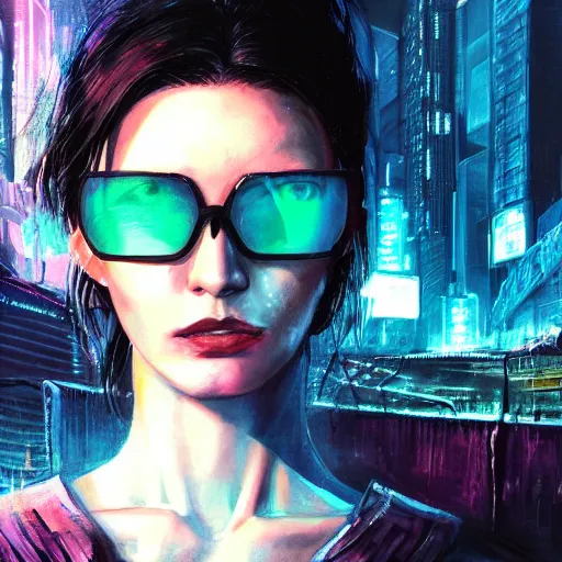 Prompt: molly millions, closeup portrait of a young beautiful cyberpunk woman with sunglasses, black hair in a rough shag, sunset, neuromancer, street samurai, cyberpunk city background, megacity, gorgeous view, depth, painted by seb mckinnon, high detail, digital art, painted by greg rutkowski, trending on artstation