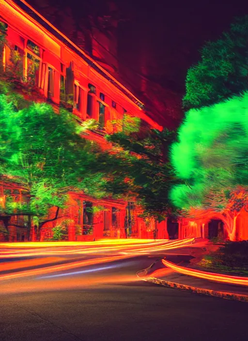 Prompt: Neon night, red lights of the car motion blur, oak alley