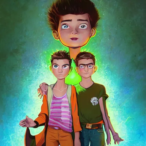 Prompt: a skinny young man with spikey brown hair and chubby young woman with short wavy brown hair and glowing green eyes as a super hero team, pixar cute, highly detailed, sharp focus, neon color, digital painting, artwork by Jeremiah Ketner + Mati Klarwein + Fintan Magee + Chris Mars, background artwork by greg rutkowski