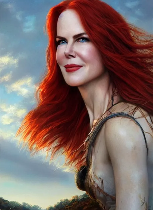 Image similar to nicole kidman with red hair, long haircut, beautiful highly detailed face, complementary lighting, backlit, black eyeshadow, grinning, adventure, dramatic lighting, landscape background, beautiful painting by artgerm and greg rutkowski and raymond swanland