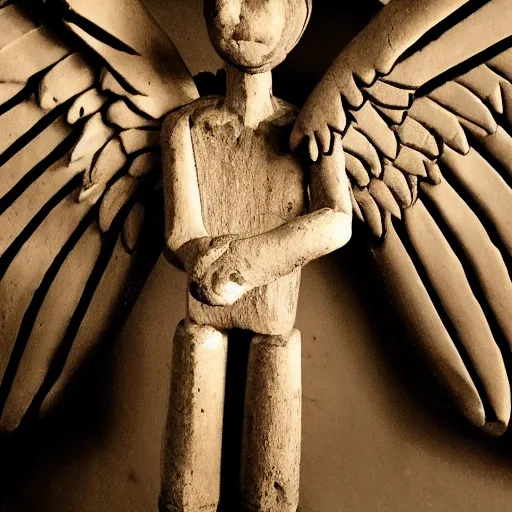 Image similar to humanoid with left half angelic wing and right half demonic wing, arms crossed in a dungeon