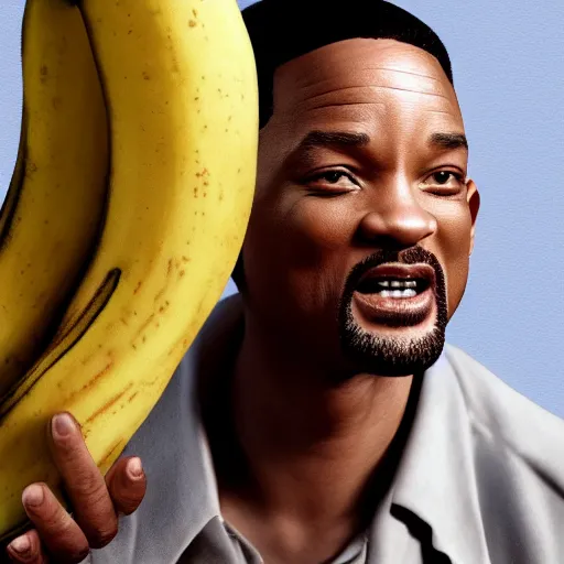 Image similar to Will Smith slapping a big banana, 8k, detailed face, extremly detailed, illustration, art, behance, sharp