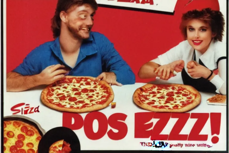 Prompt: pizza, 80s, advertisement