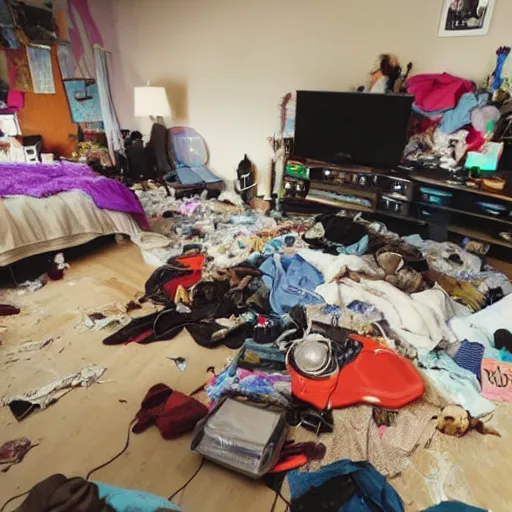 Image similar to very messy bedroom with random objects, clothes, and trash piled high in between the tv and the couch, where three stoner teens, one with messy hair and a beard, one with pale white skin and short side - swept hair, and one with pale white skin, long hair, and a goatee all playing video games