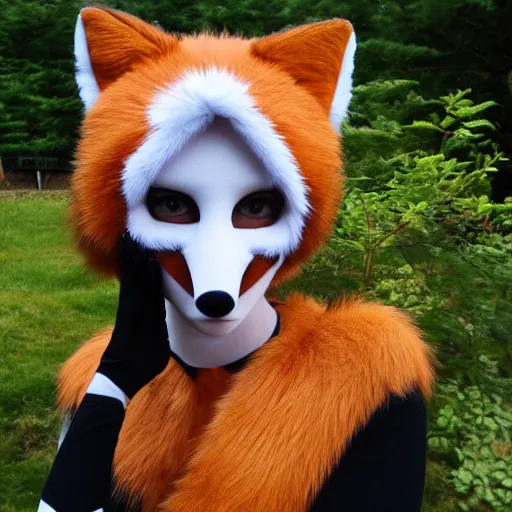 Prompt: photo of a sensual female fox fursuit
