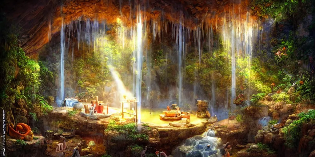 Prompt: detailed interior of cozy hotsprings hidden inside a cave, small waterfalls, lush vegetation, flowers, towels, plates of fruit, god rays, light shafts, stunning atmosphere, by gerald brom, cinematic lighting