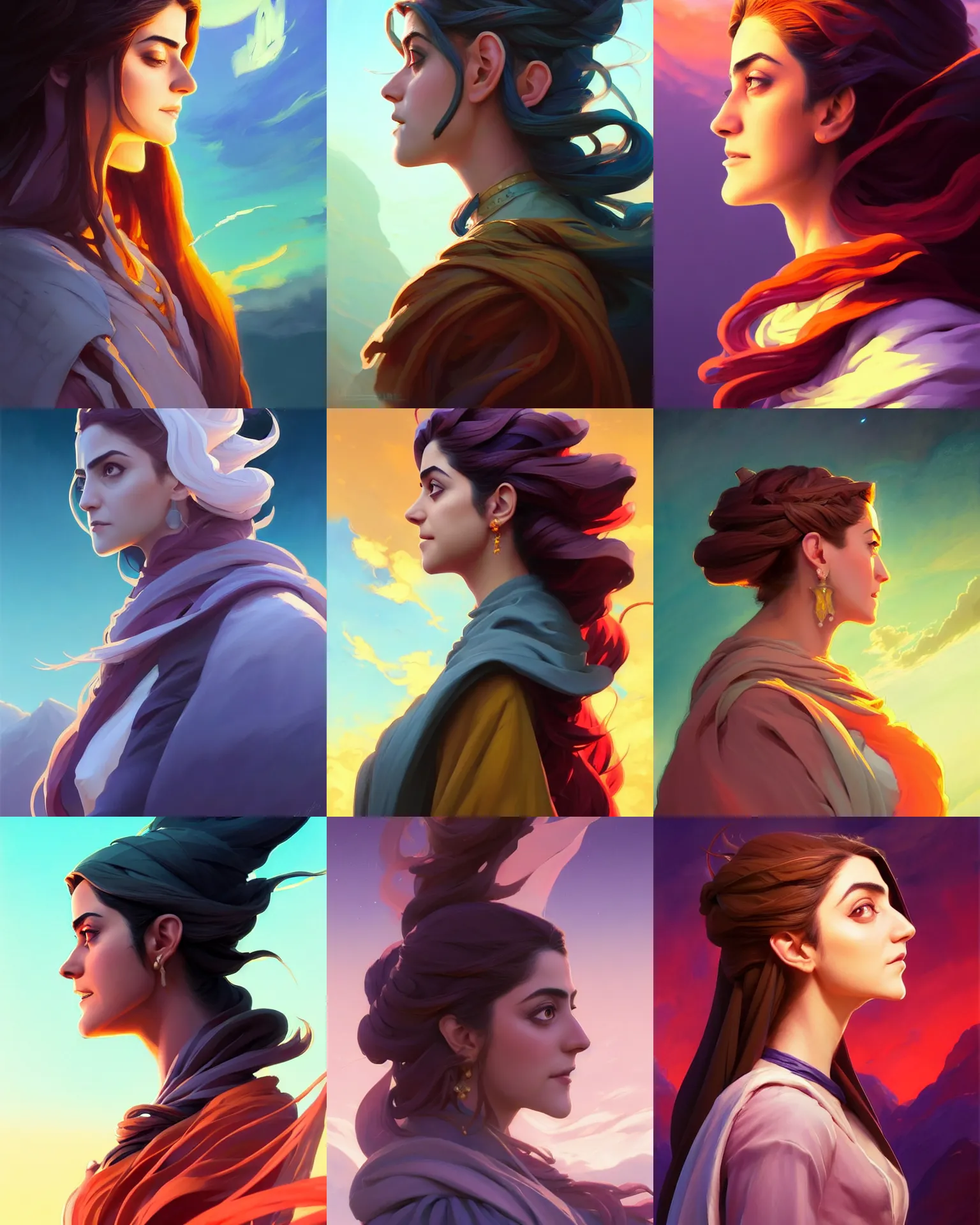 Prompt: side profile centered painted portrait, Maya Ali as a wind mage, only one head, Arcane D&D, cell-shaded, matte painting concept art, beautifully backlit, official fanart, 4k, HDR, Trending on artstation, Behance, Art Nouveau, chromatic colours, by Jesper Ejsing and RHADS and Makoto Shinkai and Lois van baarle and ilya kuvshinov and rossdraws and Cushart Krentz and Gilleard James