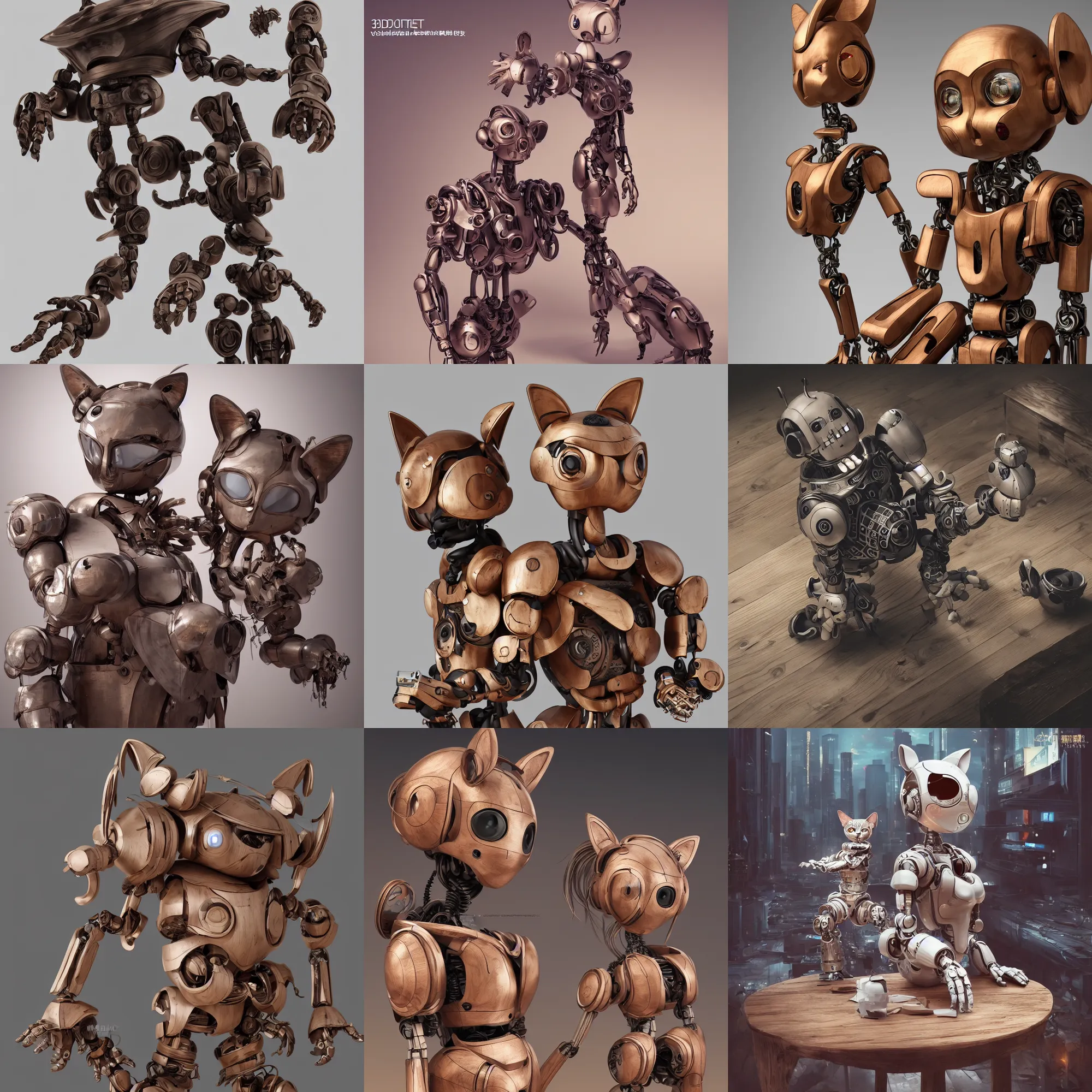 Prompt: 3D 8k octan render ,ultra photorealistic, detailed unreal engine ,a wooden sculpture wooden art toys wooden on feet very cute robot roman wooden with cat ears , zen méditation cyberpunk concept art wooden ,trending on cgsociety, a contemporary art gallery art in néo Paris