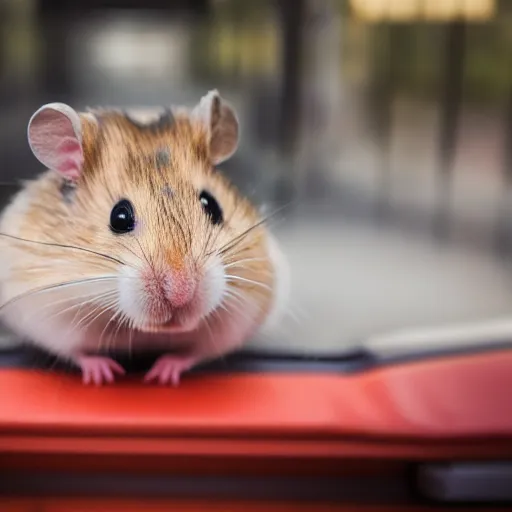 Prompt: detailed photo of a hamster sitting in a train, various poses, wide shot, unedited, daylight, dof, sharp focus, 8 k