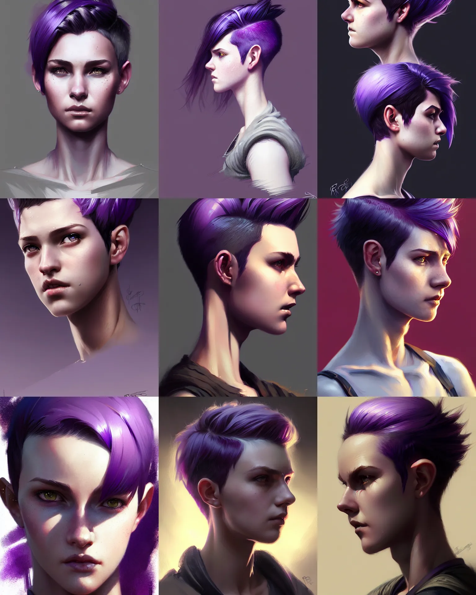 Prompt: Portrait of rugged young adult female, fantasy, pixie undercut hairstyle, black to purple fade hairstyle, intricate, highly detailed, digital painting, artstation, concept art, sharp focus, illustration, art by greg rutkowski and ross draws