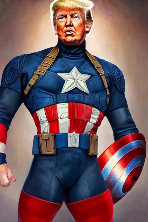 Image similar to hyperrealistic painting of Donald Trump as Captain America, D&D, fantasy, photorealism, accurate depiction, intricate, elegant, highly detailed, digital painting, post processing, extremely detailed, face symmetry, artstation, concept art, matte, smooth, sharp focus, illustration, art by Artgerm and Greg Rutkowski and Alphonse Mucha, oil painting, 8k