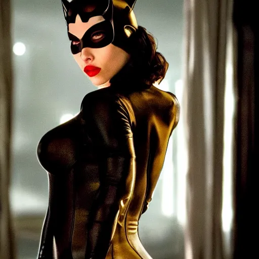 Prompt: stunning awe inspiring scarlett johansen as catwoman, movie still 8 k hdr atmospheric lighting