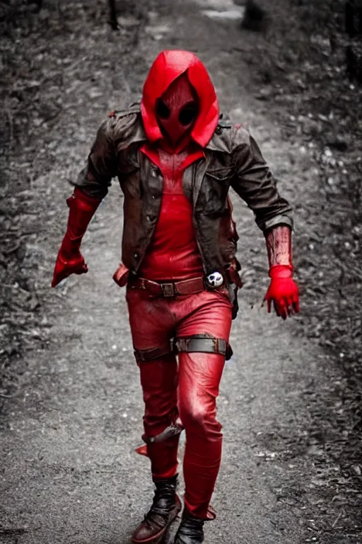 Prompt: red hood cosplay, creepy, disturbing, bloody