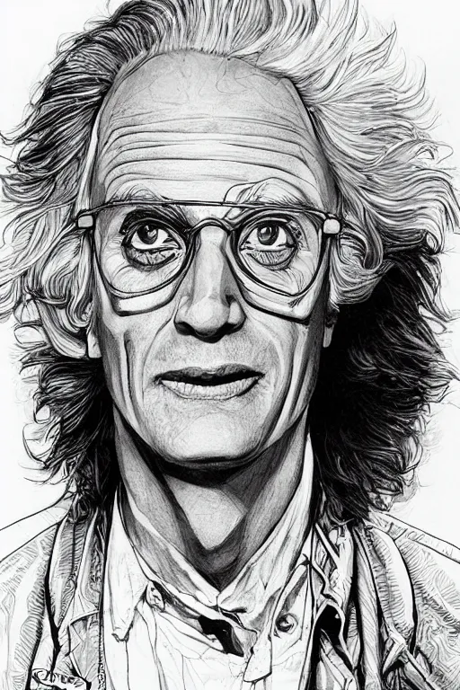 Image similar to doc emmett brown looks at his delorean, pen and ink, intricate line drawings, art by krenzcushart, by yoshitaka amano, kentaro miura, artgerm, wlop,