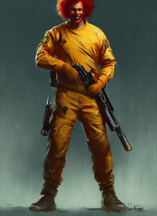 Image similar to Ronald McDonald in Tactical Gear with a baseball bat, blade runner 2049 concept painting. Epic painting by Craig Mullins and Alphonso Mucha. ArtstationHQ. painting with Vivid color