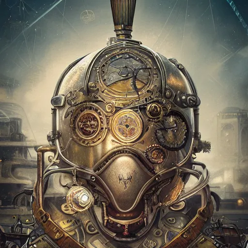 Prompt: dan mumford tom bagshaw, dream world curiosities carnival flying, photorealistic octane render of a single very beautiful helmet full long steampunk metallic armored ornate, partial symmetry accurate features, focus, very intricate ultrafine details, award winning masterpiece, steampunk world