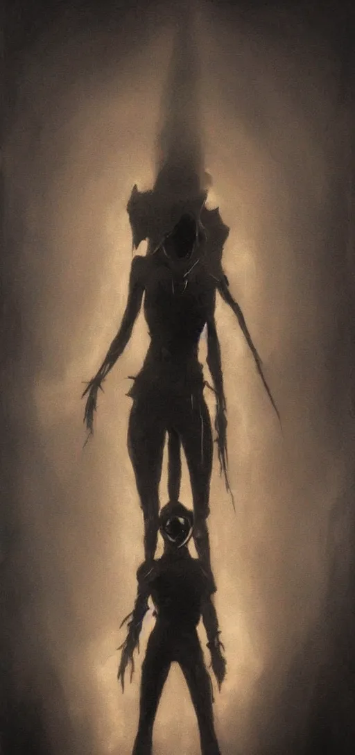 Image similar to dark portrait painting of tracer from overwatch, in style of zdzisław beksinski, scary, horror, overwatch tracer character, dressed in dark garment, tall,