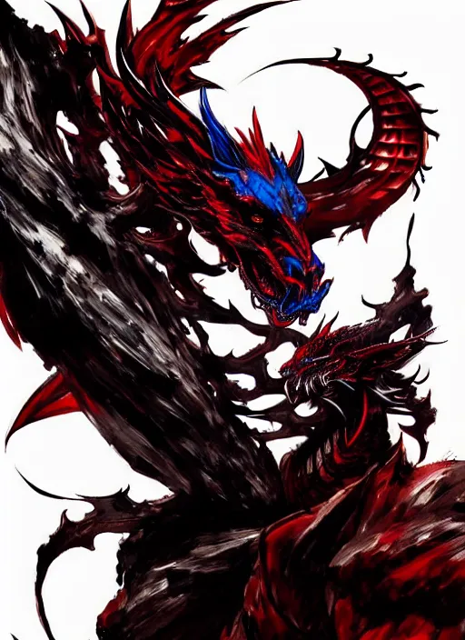 Image similar to Majestic red dragon with blue eyes. In style of Yoji Shinkawa and Hyung-tae Kim, trending on ArtStation, dark fantasy, great composition, concept art, highly detailed.